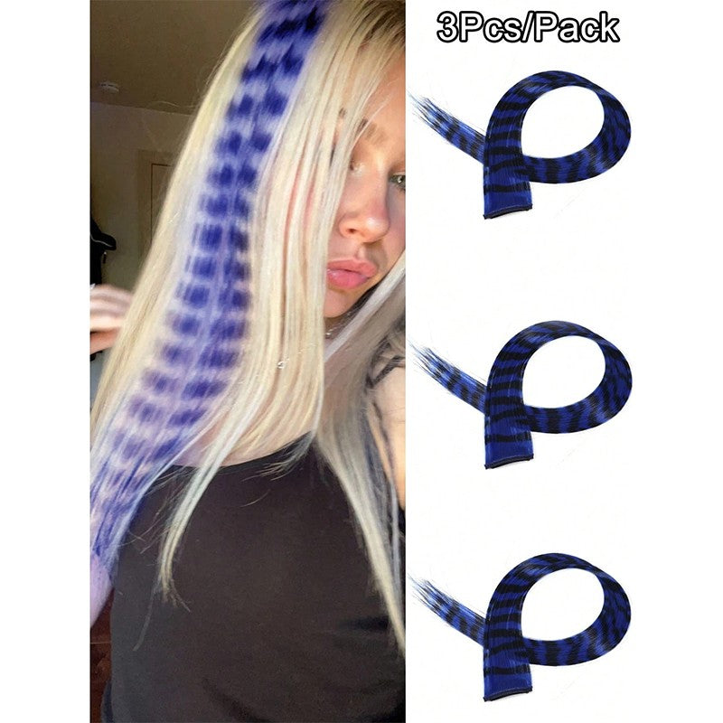 3Pcs Leopard Print Hair Extensions Synthetic Stripe Printed Hair Piece Colorful Long Straight Clip In Hair For Women Girls Party