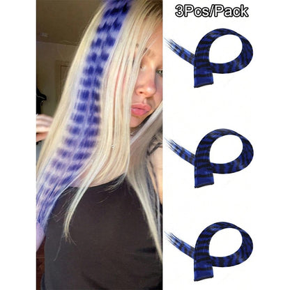 3Pcs Leopard Print Hair Extensions Synthetic Stripe Printed Hair Piece Colorful Long Straight Clip In Hair For Women Girls Party