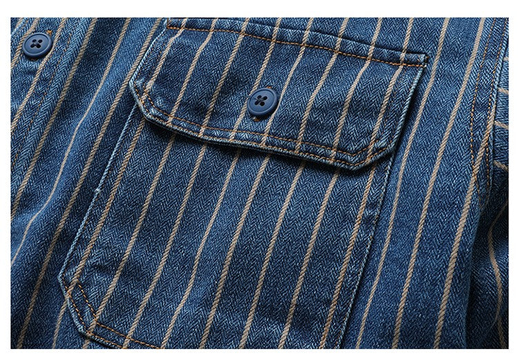 American Retro Workwear Long Sve Denim irt Loose Casual Striped ket irt Youth Trend Autumn Wear Iron Free