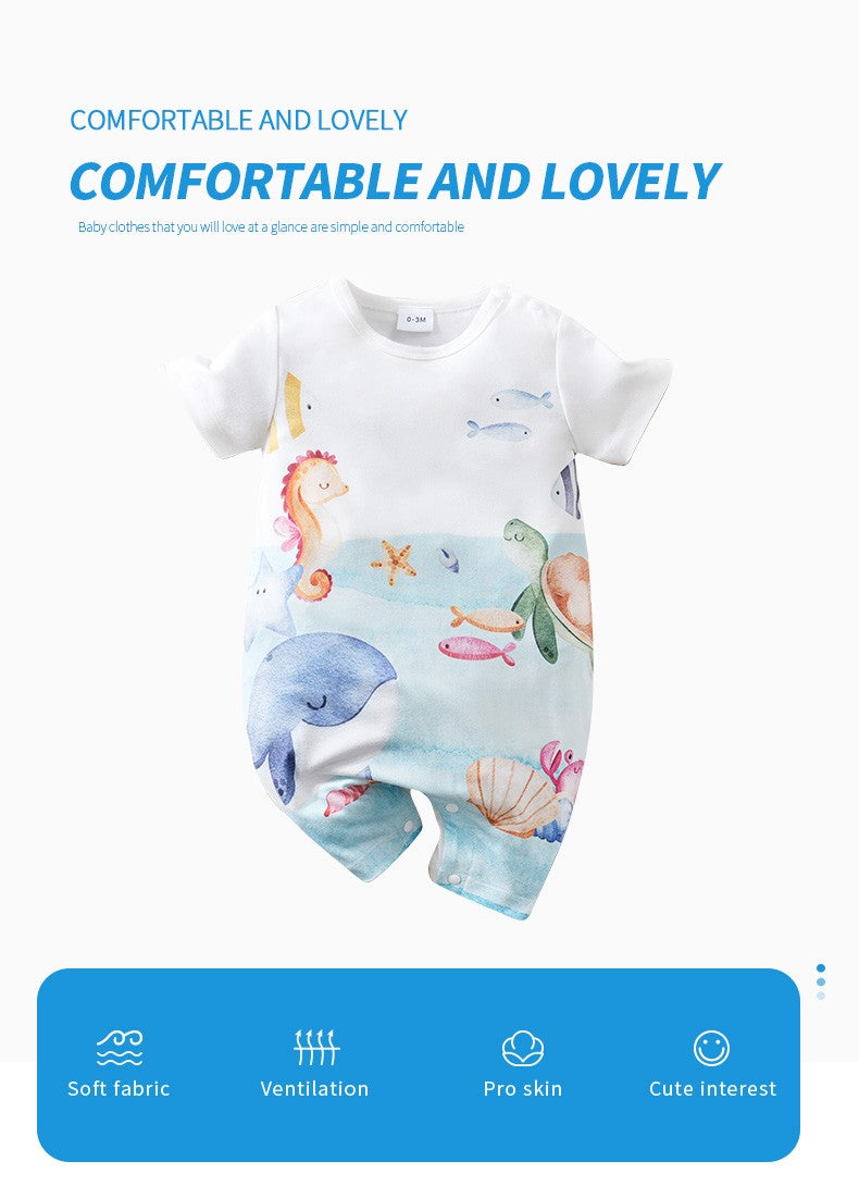 Newborn Clothing Cute Cartoon Marine Animal Print Comfortable And Soft 0-18 Boys And Girls Summer Short Sleeved Baby Jumpsuit