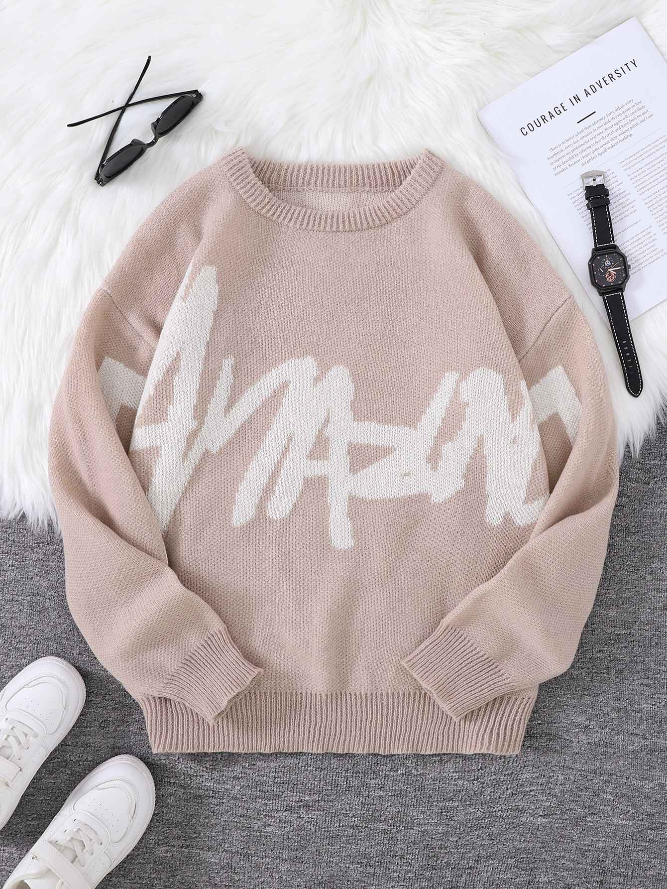 New Popular Spring Autumn Graffiti Jacquard Pattern Pullover Sweater Casual Round Neck Contrast Color Knitted Men's Pullover