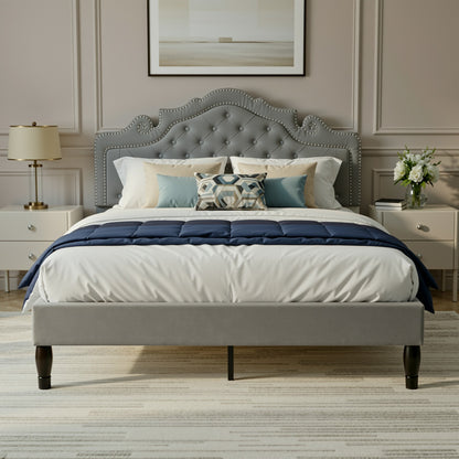 Base de Cama de Veludo HOOMIC nos Tamanhos Casal/Queen/King com Cabeceira Tiara Ajustável, Cama Plataforma Estofada com Capitonê de Diamante