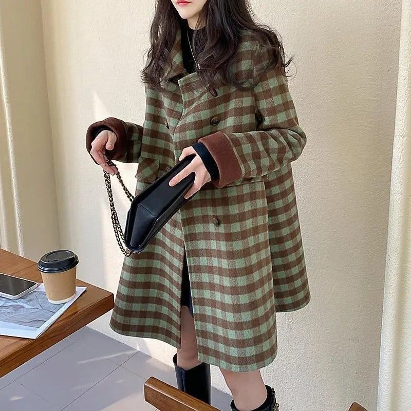 2024 Autumn Winter Women Double Sided Woolen Coat Color matching Woolen Jacket Female Doll collar Mid length Leisure Outerwear