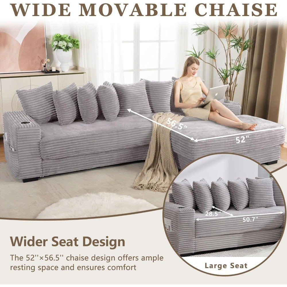 Sleeper Sofa Bed King, Corduroy Modular L Shaped Sofa, Oversized Reversible Chaise Lounge, Modern Sectional Couch with Ottoman