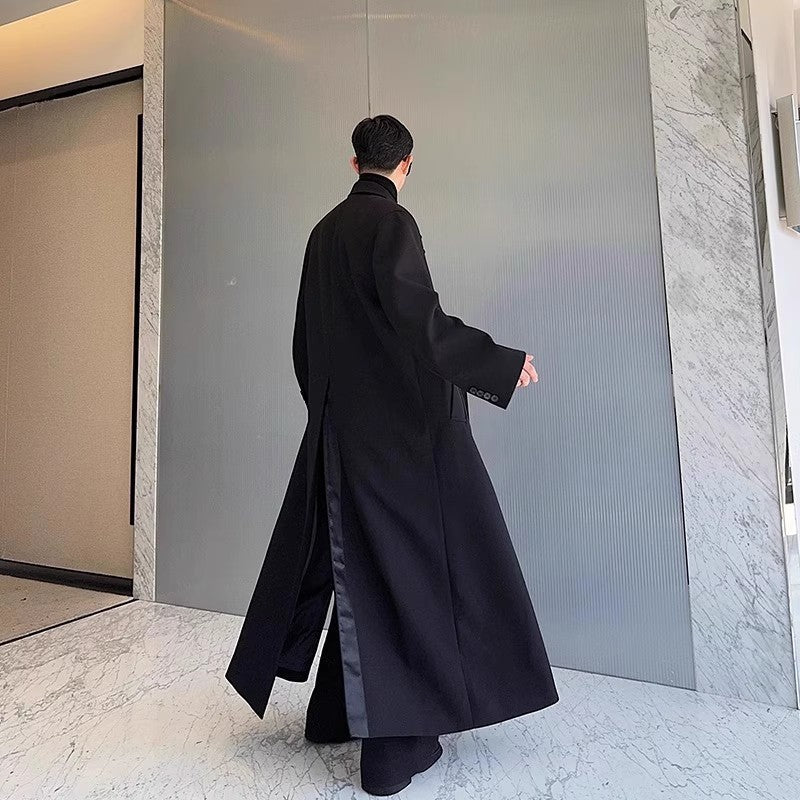 Mauroicardi Spring Autumn Extra Logn Black Oversized Flowy Soft Trench Coat for Men with Back High Slit Loose Casual Overcoat