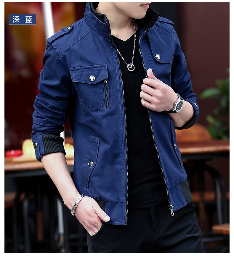 Korean Fashion Stand-up Collar Denim Cargo Coat 2023 Spring Autumn New Men's Jacket Men's Zipper Pocket Stitching Slim Jacket
