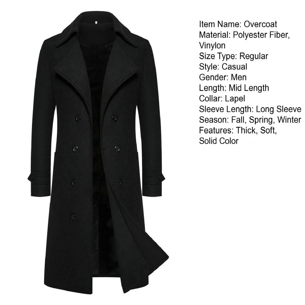 Men Overcoat Double-breasted Slim Fit Mid Length Long Sleeve Thick Windproof Warm Soft Cardigan Buttons Lapel Men Long Coat