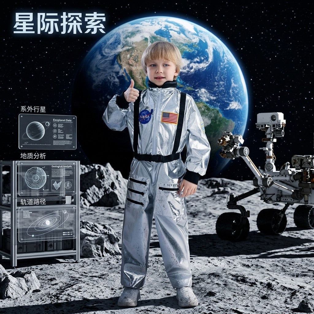 Halloween Space Suit Jumpsuit Cosmic Astronaut Costume Metallic Silver Unisex Family Party Dress Up