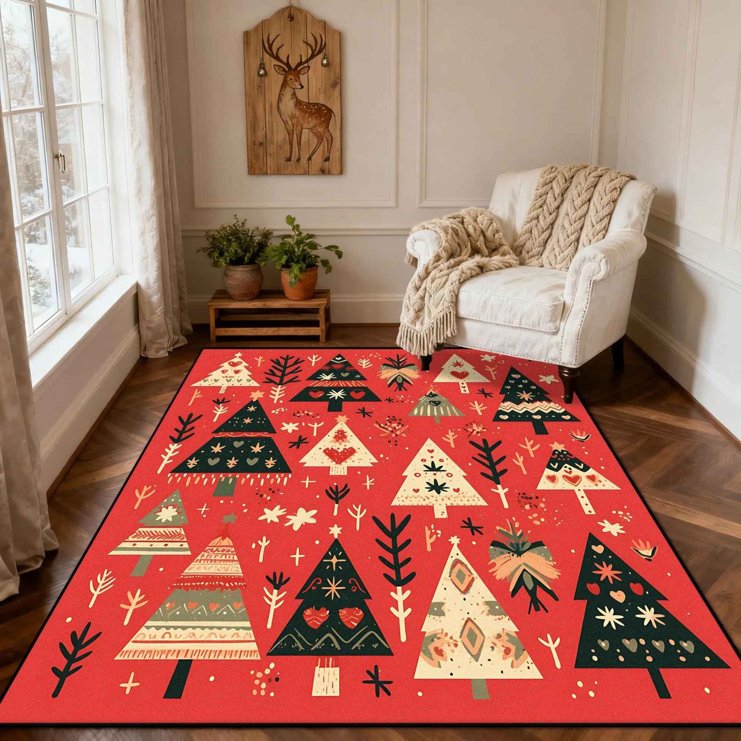 Christmas Style Red Living Room Carpet Christma Tree Decoration Bedroom Fluffy Thickened Rug Indoor Cloakroom Floor Mat Bedroom