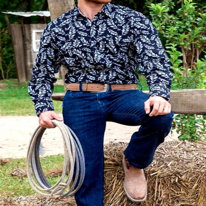 2024 Men's Long Sleeve Western Denim Shirt, Outdoor Casual Party, HD Pattern, Soft and Comfortable Button Lapel T-shir