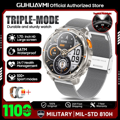 2026 New 1.7-inch Military sports SmartWatch 1100mAh large battery Outdoor compass flashlight 5ATM waterproof BT Call SmartWatch