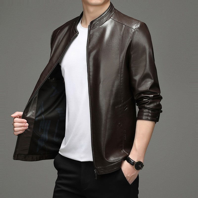 Spring and Autumn New Men's Lapel Leather Jacket Male Business Casual Middle-aged Men's Handsome Short Leather Coat Jackets 2025