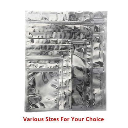 100pcs Silver Aluminum Foil Zip-lock Bags, Food Grade Aluminized Mylar Zipper Self Sealing Pouches for Cloth / Snacks Packaging