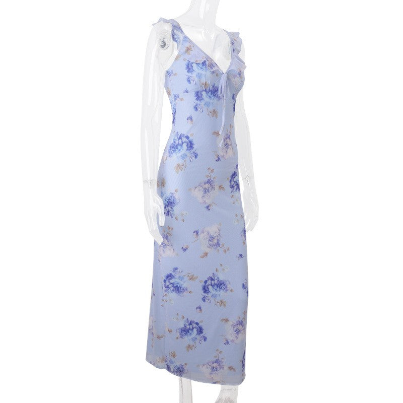 Cryptographic Summer Floral Print Plunge Maxi Dress Outfits Sexy Backless Fairy