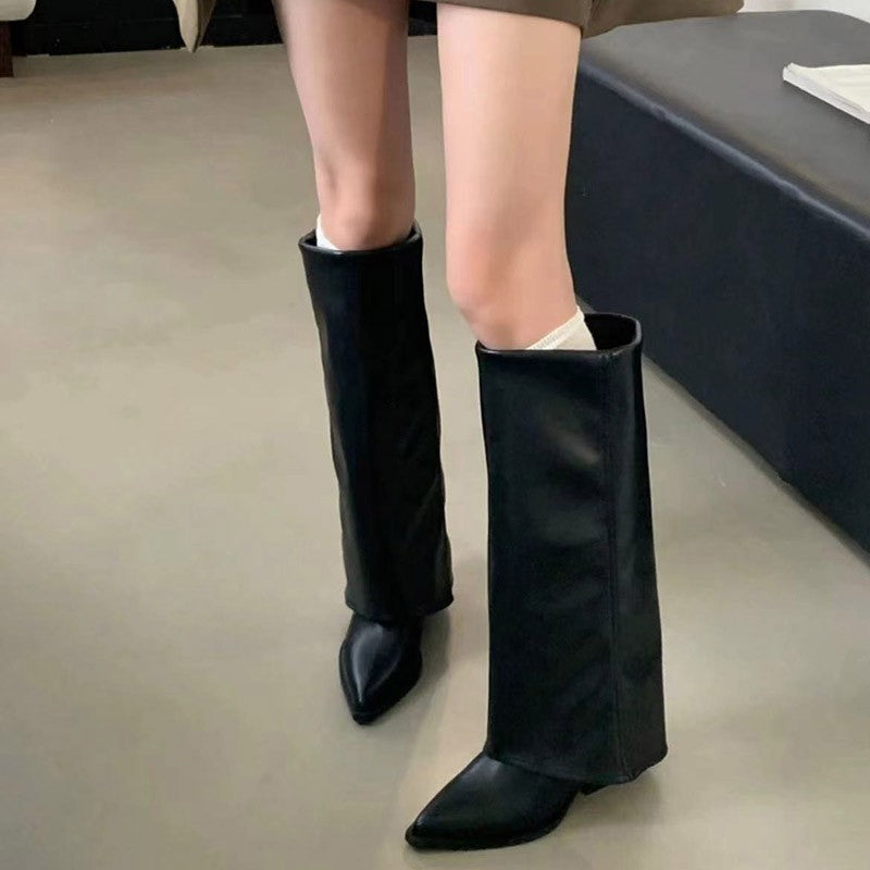 Women Pointed Toe High Boots Fashion Sexy Mid Heels Shoes Woman Chunky Trend Chelsea Boots Pumps Elegant Mujer Snow Goth Botas