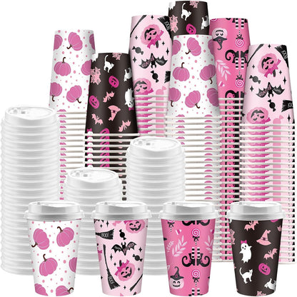 100 Copos de Café Descartáveis de Halloween com Tampas 12 oz Copos de Papel Rosa Fantasma Abóbora Bruxa Morcego Decoração Fofa de Halloween Rosa