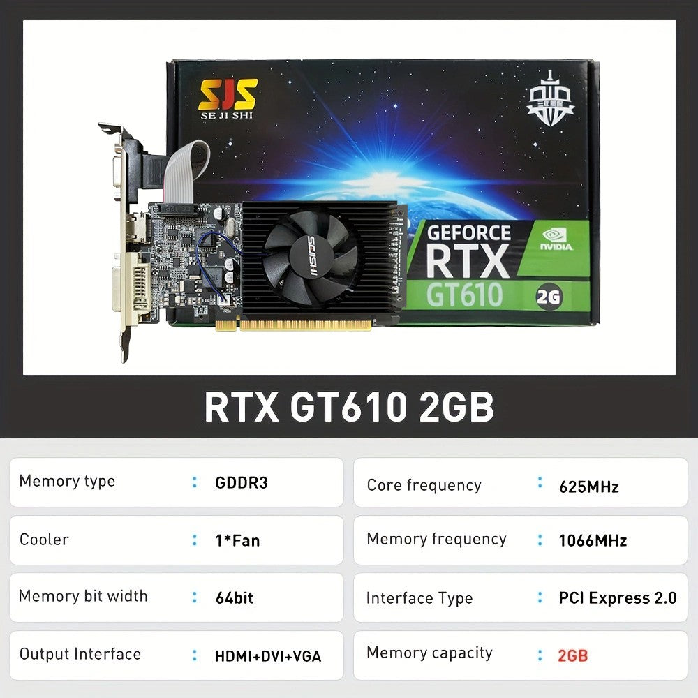 SEJISHI GT610 2GB DDR3 Video Card - Ideal for Home/Office PCs, Reliable & Low Maintenance
