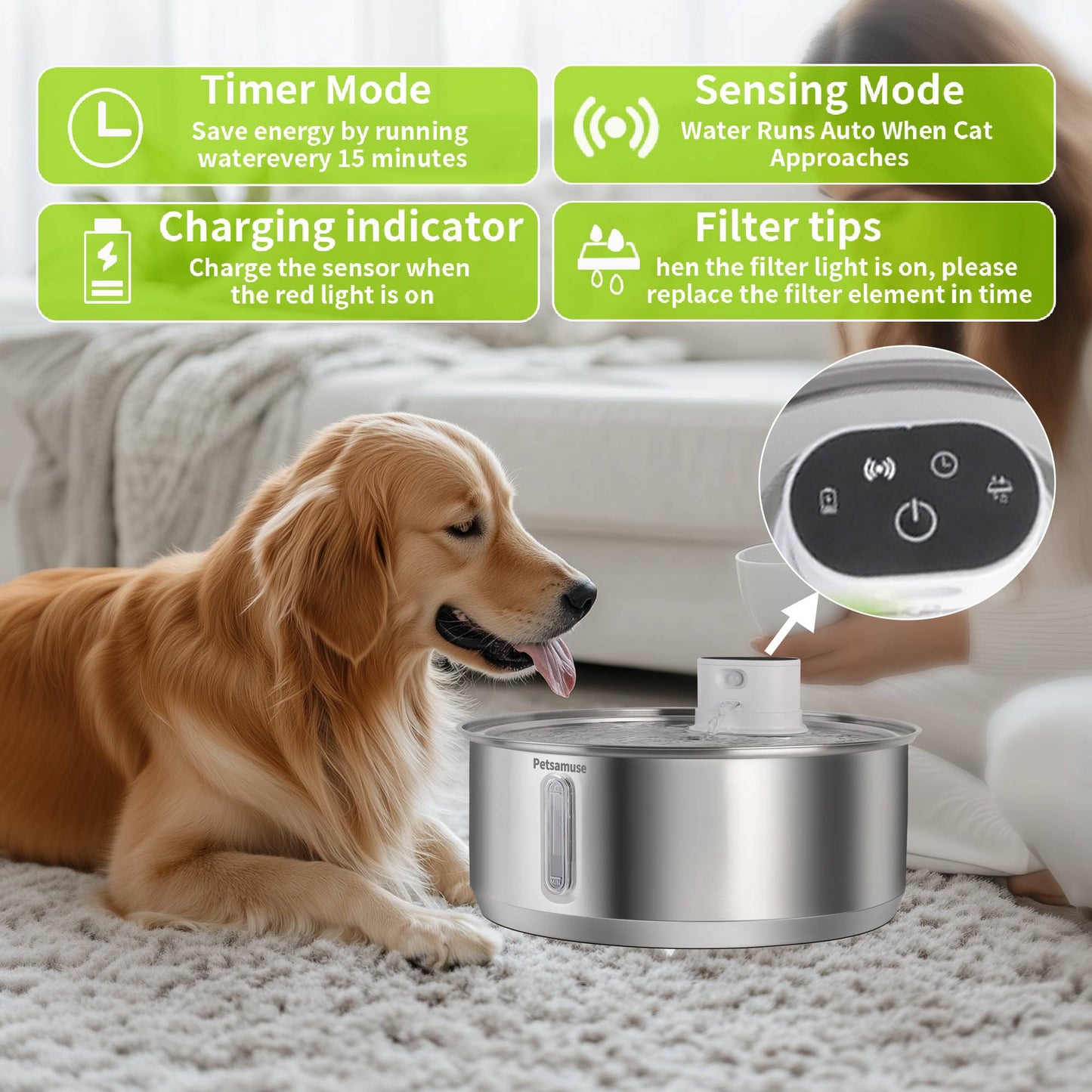 Bebedouro Automático Petavista 8L Aço Inoxidável para Cães 5000mAh Bebedouro Sem Fio para Pets Bateria e Sensor Dispensador 2 em 1 para Cães