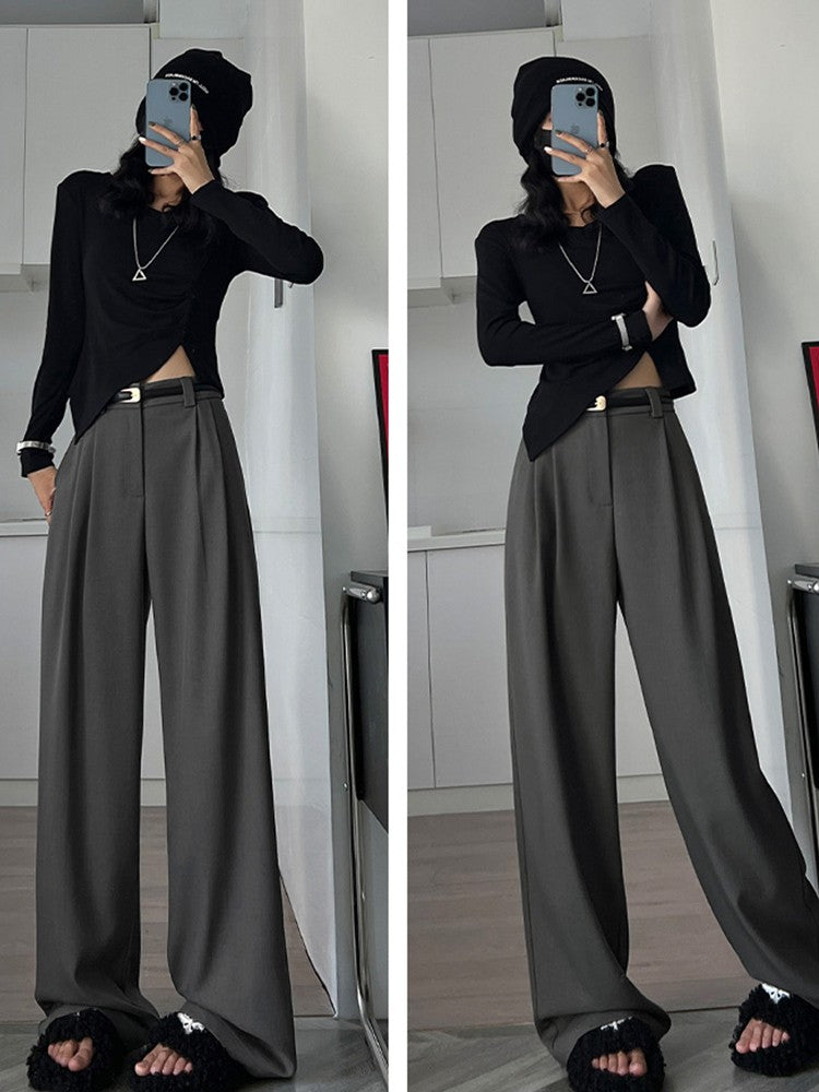 2024 Fall Winter Elegant Gray Suits Pants for Women Office Lady High Waist Wide Leg Fashion Trousers with Pockets Black Pants