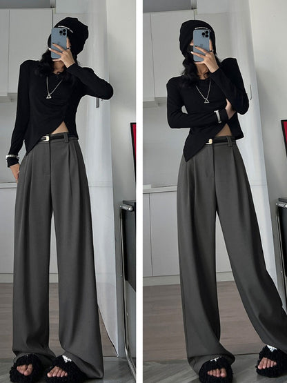 2024 Fall Winter Elegant Gray Suits Pants for Women Office Lady High Waist Wide Leg Fashion Trousers with Pockets Black Pants