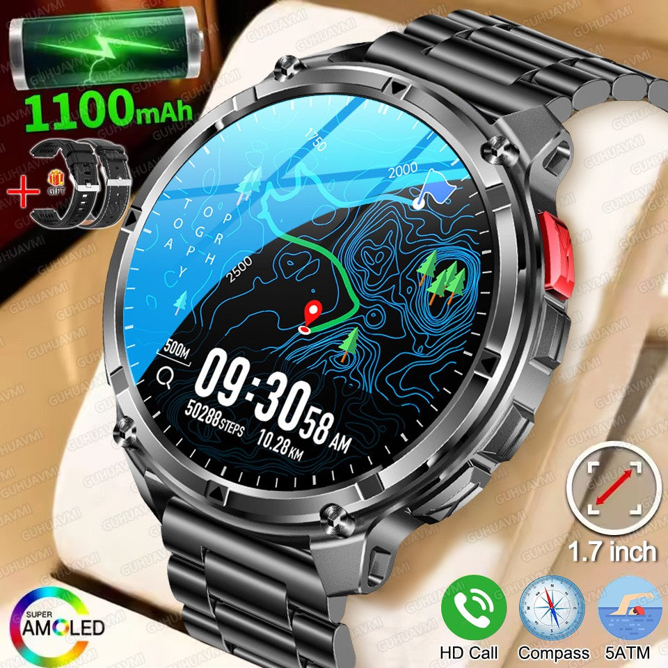 Relógio Inteligente Militar com Bússola GPS Masculino Bateria 1100mAh Lanterna Frequência Cardíaca 100+ Modos Esportivos Chamada Bluetooth Smartwatch à Prova d'Água