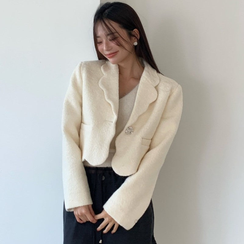 High-end Unique Button-down Woolen Cropped Coat Women Fall Winter Black White Jacket Vintage Design Long Sleeve Coats 2025
