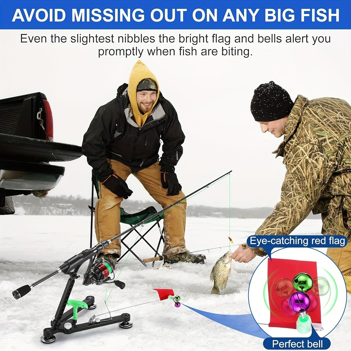 Suporte Dobrável para Vara de Pesca no Gelo com Sino e Bandeira - Suporte Ajustável Compatível com Perfurador de Gelo, Acessórios Portáteis para Pesca de Inverno