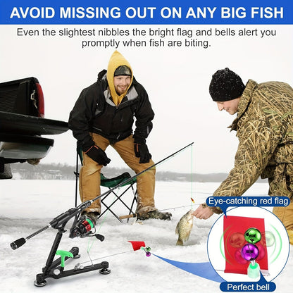 Suporte Dobrável para Vara de Pesca no Gelo com Sino e Bandeira - Suporte Ajustável Compatível com Perfurador de Gelo, Acessórios Portáteis para Pesca de Inverno