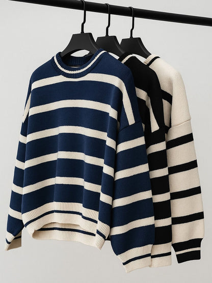 High Street Fashion Clothing New Style Fashion Striped Casual Long Sleeve Sweater Men Harajuku Y2K Warm Embroidered Long Sleeve