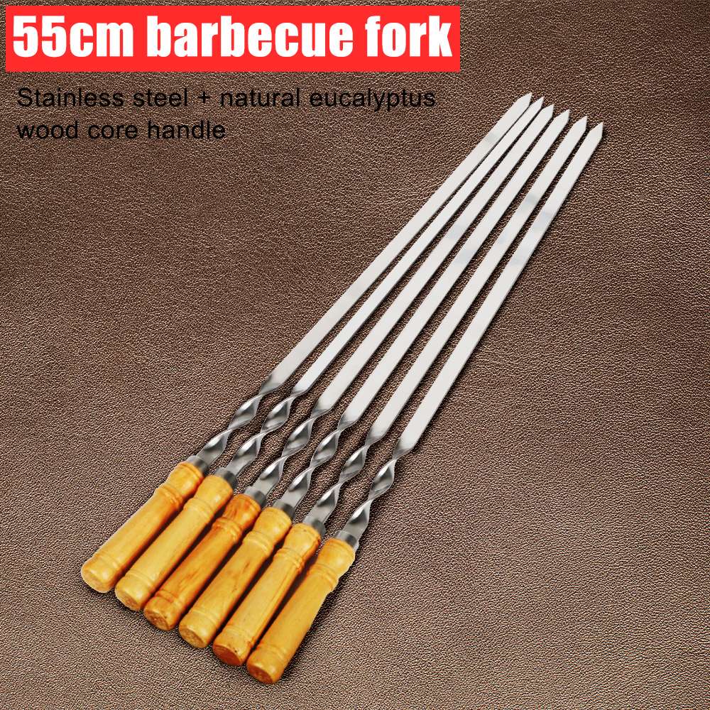 6Pcs Long Handle Shish Kebab Wood BBQ Fork Stainless steel Outdoors Grill Needle Barbecue Grill Stick 55cm 21.65" BBQ Skewers