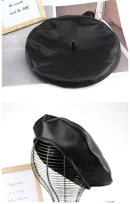 Autumn Winter Women's Genuine Sheep Leather Beret Vintage British Style Painter Hat Versatile Casual Real Leather Headwear