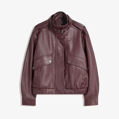 Fashion PU Leather Stand Up Coat for Women Casual Long Sleeve Zipper Lady Jackets 2025 Autumn New Female Outerwear High Street