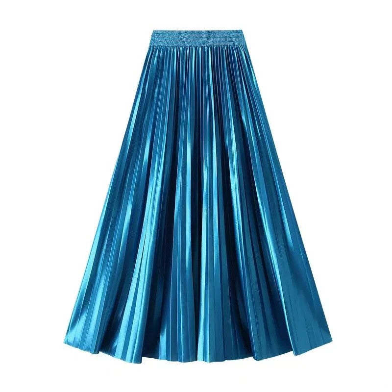 High Waist Satin Pleated Skirt 1 Meter Long Floor Length Pearl Glitter A- Line Umbrella Half Body Skirts Polyester Fiber