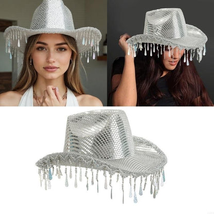 L5YA Chapéu de Panamá Chamativo com Tachas e Espelhos para Festa Feminina Chapéu de Fantasia de Halloween com Borlas de Gotas de Chuva Decorativas