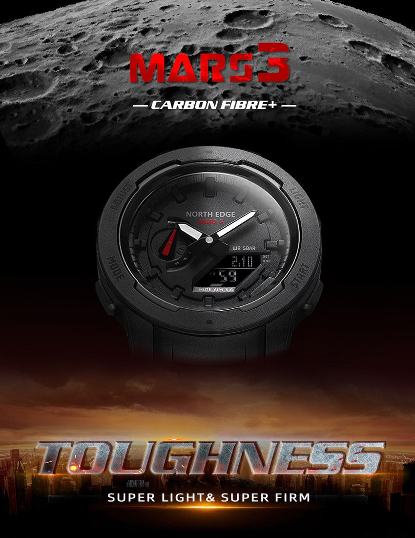NORTH EDGE Mars 3 Men's Military Watch Digital Carbon Fiber Case For Man Waterproof 50M Sports Watches World Time LED Wristwatch