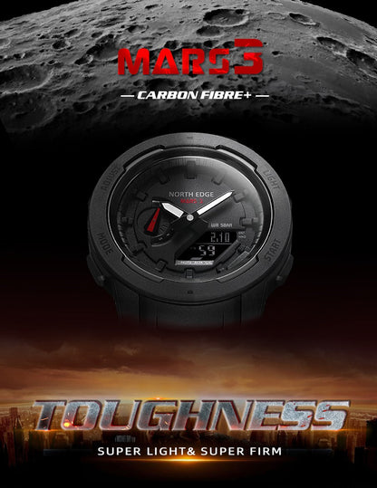 NORTH EDGE Mars 3 Men's Military Watch Digital Carbon Fiber Case For Man Waterproof 50M Sports Watches World Time LED Wristwatch