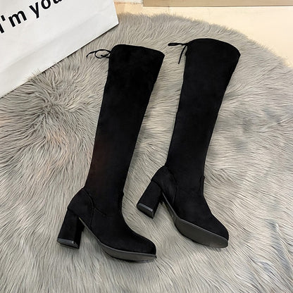 Spring New Fashion Slim Thick High Heels Flock Women Over-the-Knee Long Modern Stretch Boots Winter Long Boots D252