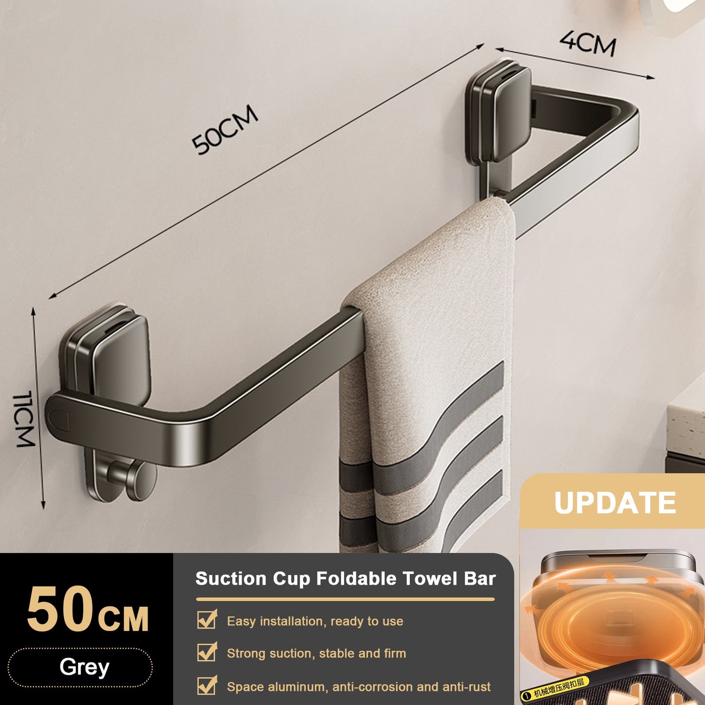 Suction Cup Folding Bathroom Hand Towel Rack Holder Wall Mount No Drill 30/40/50cm Towel Bar Apartment Space Saving