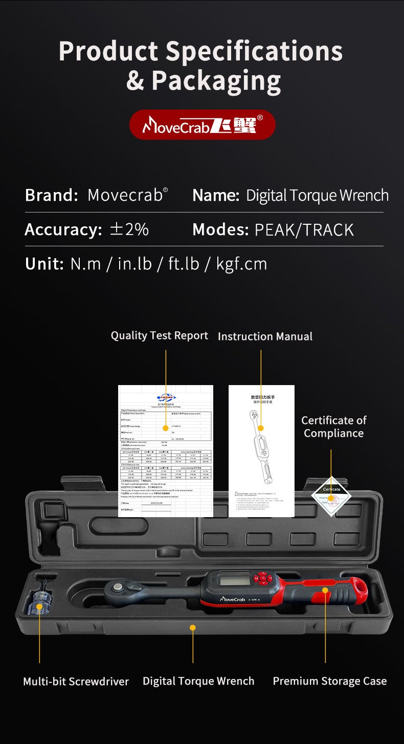 Chave de Torque Digital MoveCrab 0.6-340Nm ±2% Alta Precisão Catraca Bidirecional Alarme Sonoro e LED para Medição de Precisão