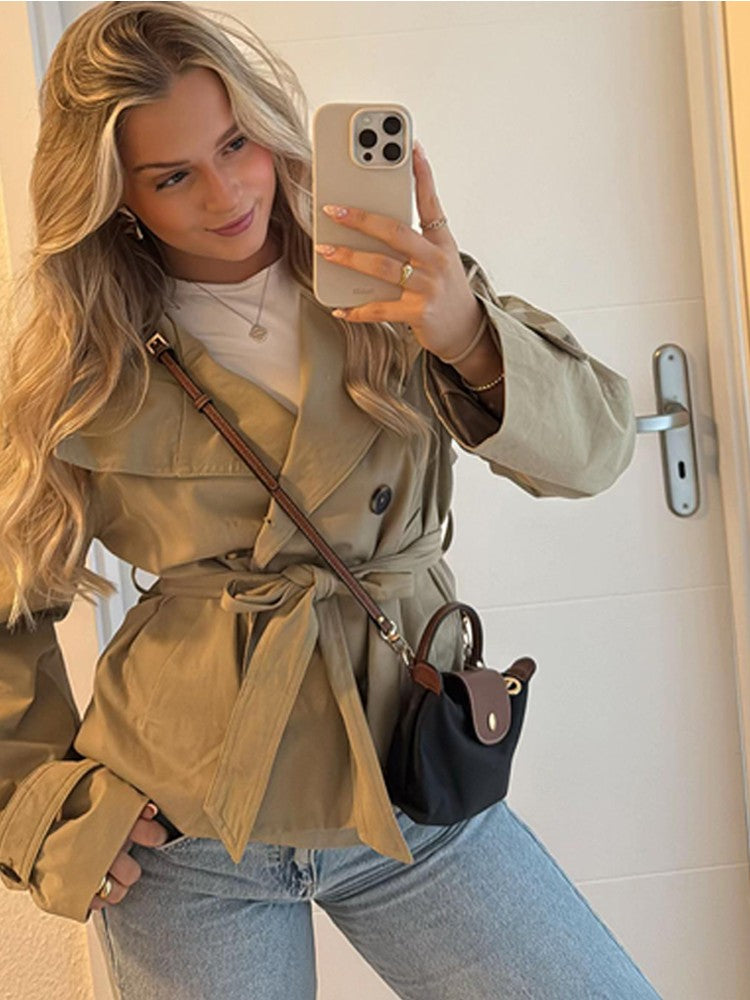 Belted Waist Cropped Trench Double Breasted Stand Collar 2025 Autumn Chic Elegant Women Coat Casual Vintage Office Lady Jacket