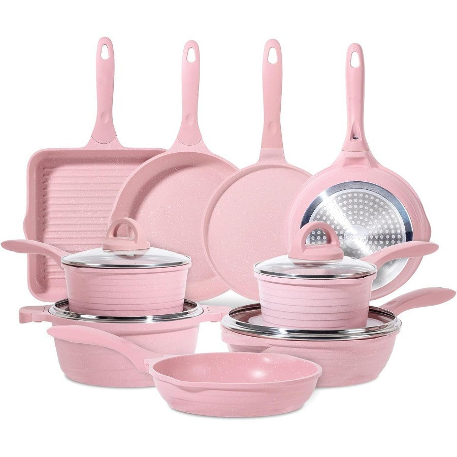 Panelas e Frigideiras Rosa Antiaderente Conjunto de Utensílios de Cozinha Saudáveis de 23 Peças Conjunto de Cozinha por Indução Frigideiras Rosa Panelas de Molho Refogados e