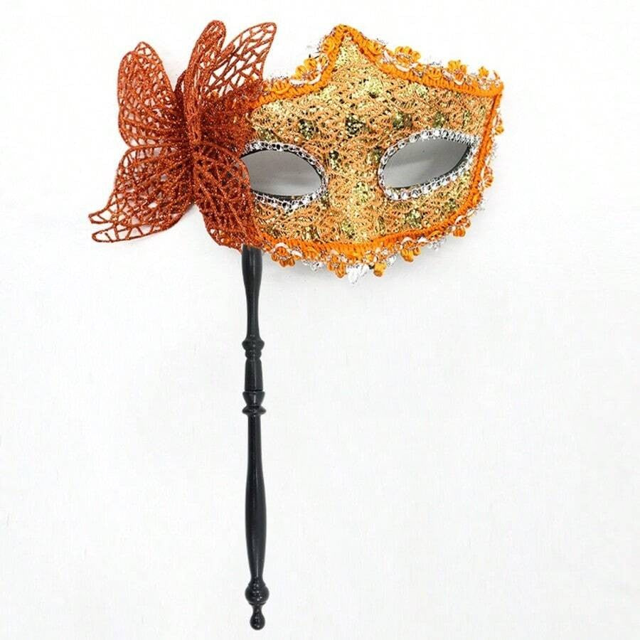 Womens Pink Lace Masquerade Mask With Handle For Party Halloween Valentine Celebration