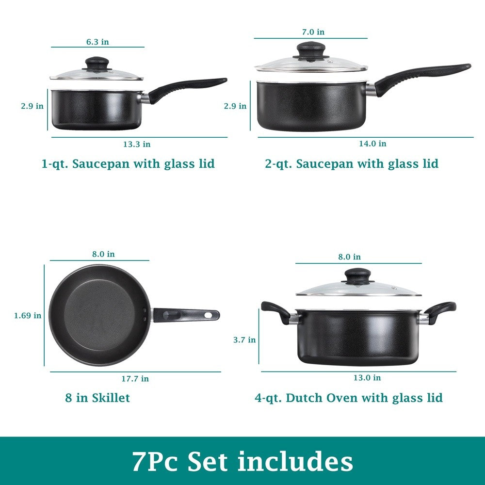 7 Piece Non Stick Aluminum Cookware Set Includes Saucepans Dutch Oven Frying Pan Lightweight Durable Ideal Cooking and Easy