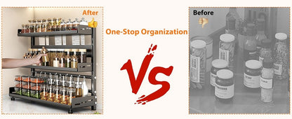 3 Tier Spice Storage Rack for Countertop Adjustable Spice Organization for Cabinet Kitchen Organizer Metal Shelf Black