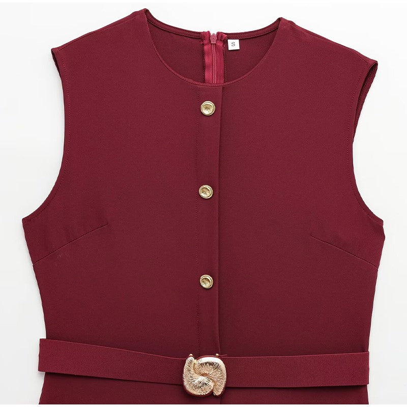 Elegant Midi Dress Woman O-neck Single Breasted Sleeveless Pocket Dresses Female