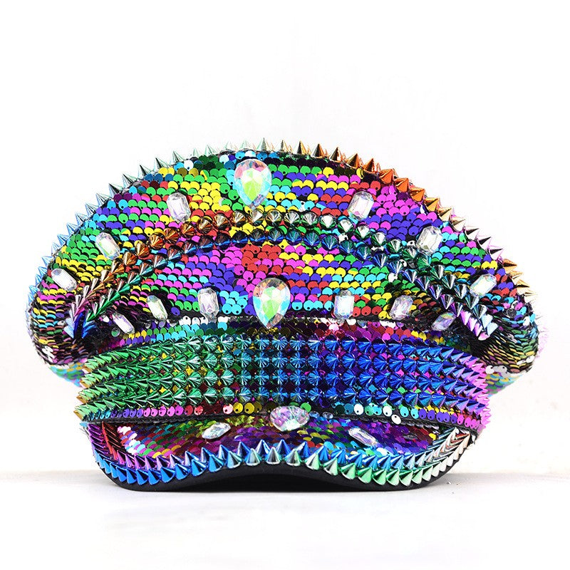 Chapéu de Capitão Chapéu Punk de Lantejoulas Coloridas com Strass para Festa Festival Aniversário Casamento Chapéu de Noiva Chapéu de Palco para Mulheres e Homens