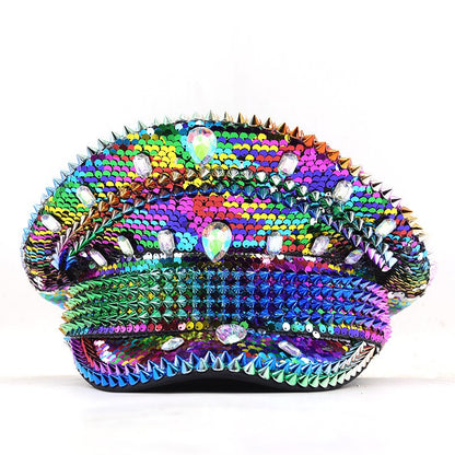 Chapéu de Capitão Chapéu Punk de Lantejoulas Coloridas com Strass para Festa Festival Aniversário Casamento Chapéu de Noiva Chapéu de Palco para Mulheres e Homens