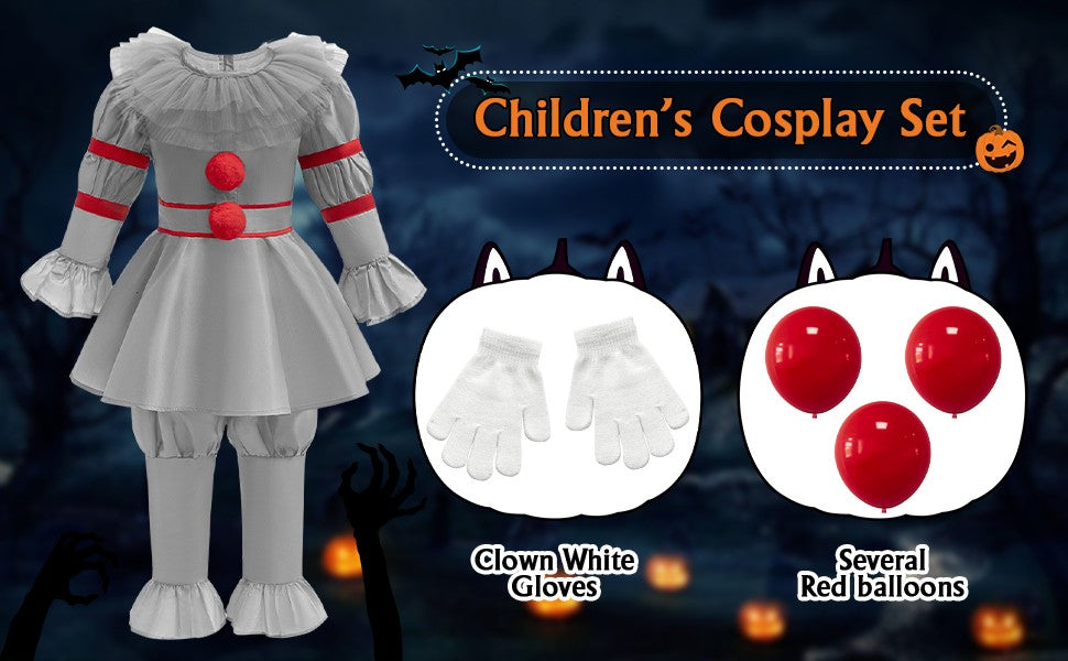 Kids Scary Joker Pennywise Cosplay Costume Horror Ghost Movie It Puff Sleeve Tulle Collar Top With Pants For Halloween Carnival