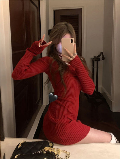 MEXZT Y2K Knitted Mini Dress Women Streetwear Sexy Off Shoulder Sweater A Line Dresses Christmas Party Korean Bodycon Vestidos