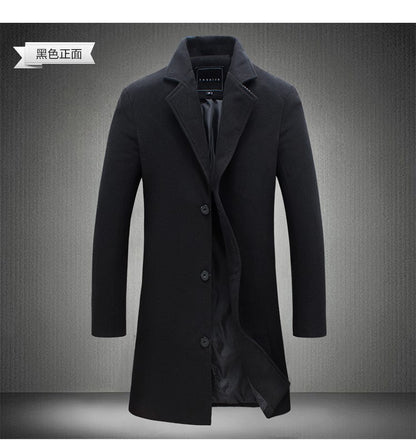 2025 Autumn Winter New Wool Men Long Cotton Coat Blend Pure Color Casual Business Fashion Slim Windbreaker Jacket Men Clothing